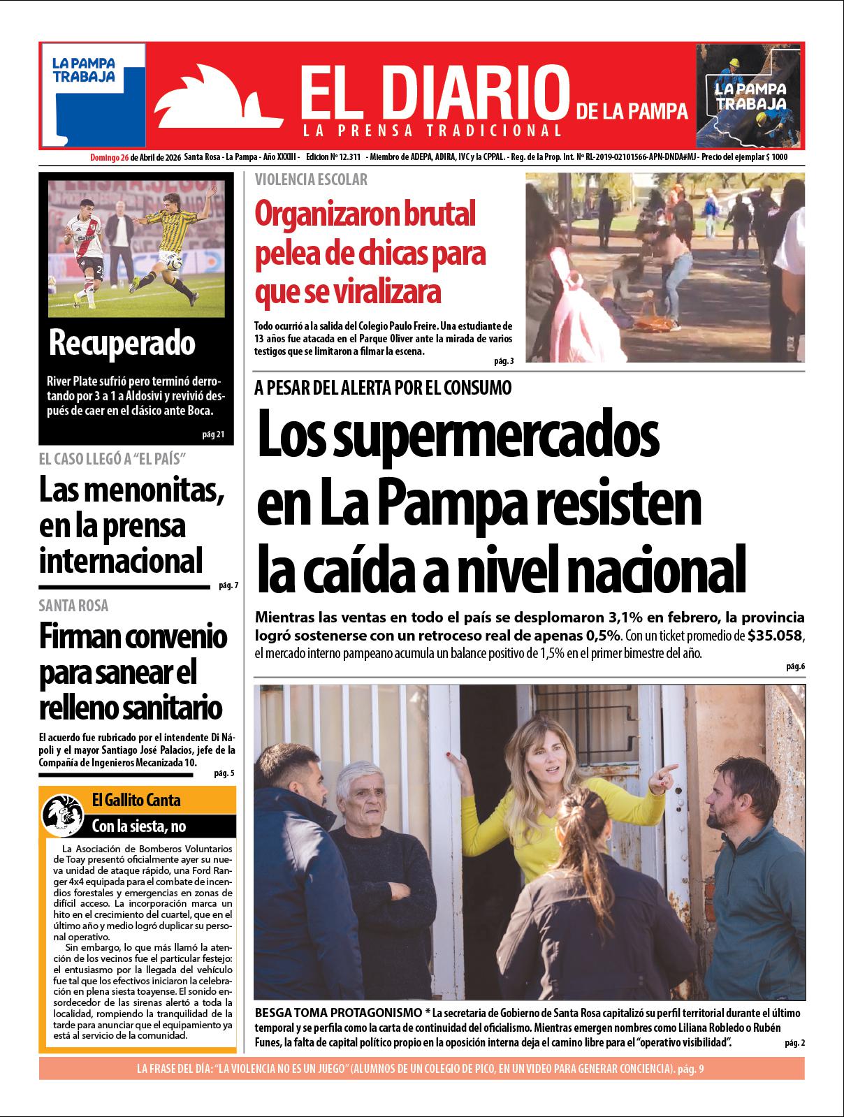 Tapa de El Diario en papel  domingo 26 de abril de 2026